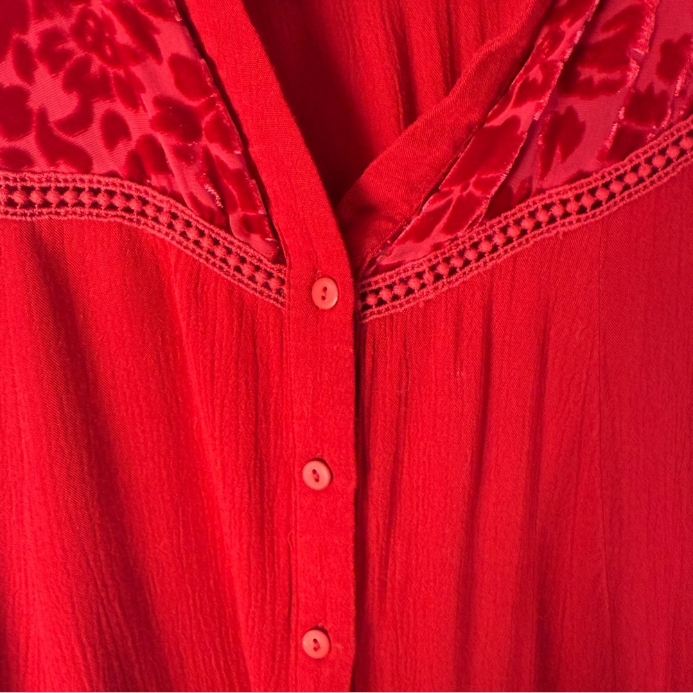 Sundance Red Velvet Burnout and Lace Detail Blouse, Bohemian, Whimsigoth Western - Picture 4 of 12